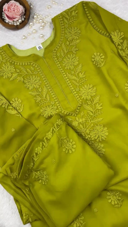 Olive Green Hand-Embroidered Chikankari Kurta Set