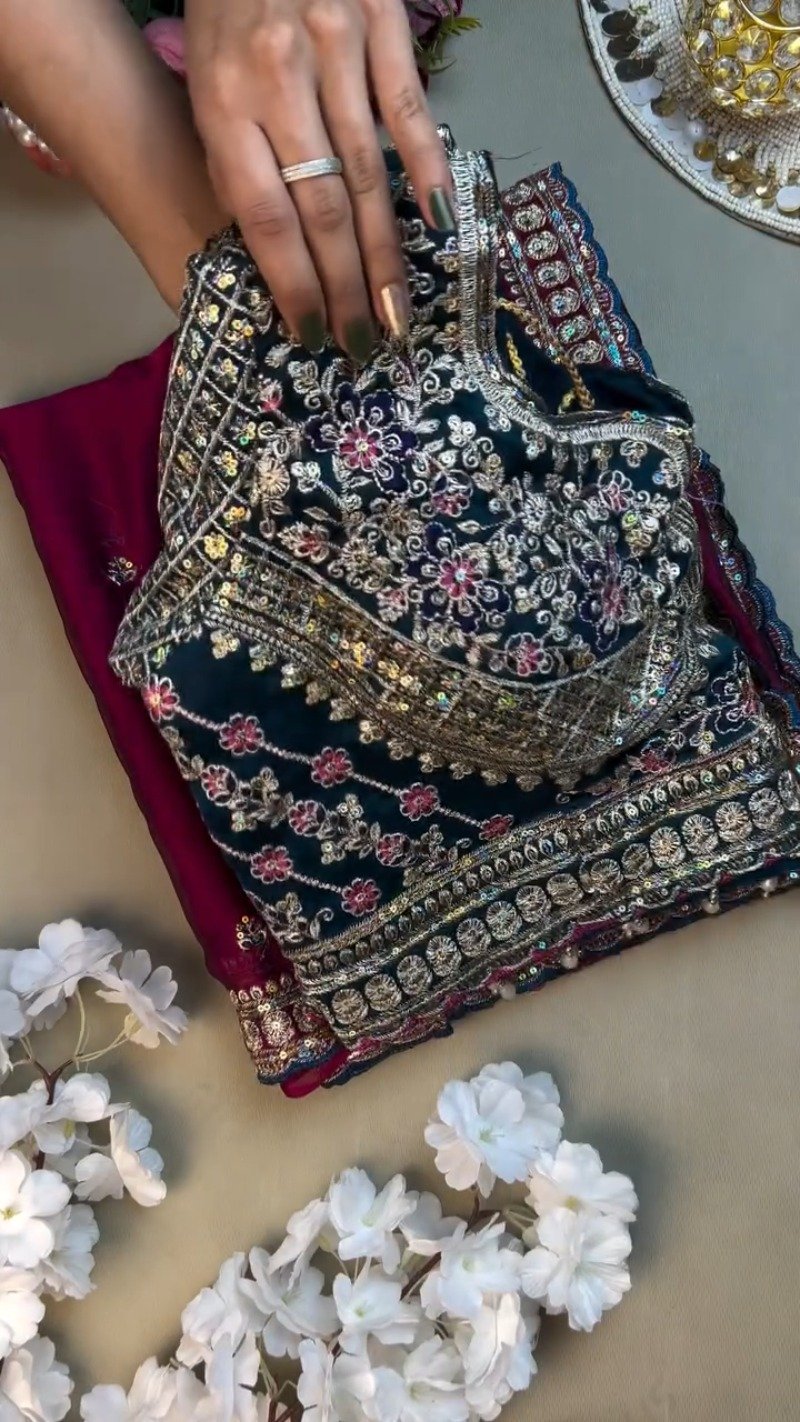 Opulent Velvet & Silk Blend Designer Lehenga Set – Available in Midnight Blue & Royal Wine