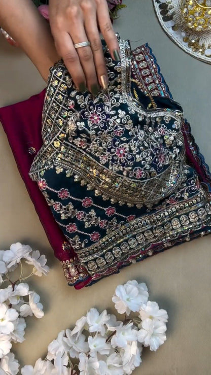 Opulent Velvet & Silk Blend Designer Lehenga Set – Available in Midnight Blue & Royal Wine