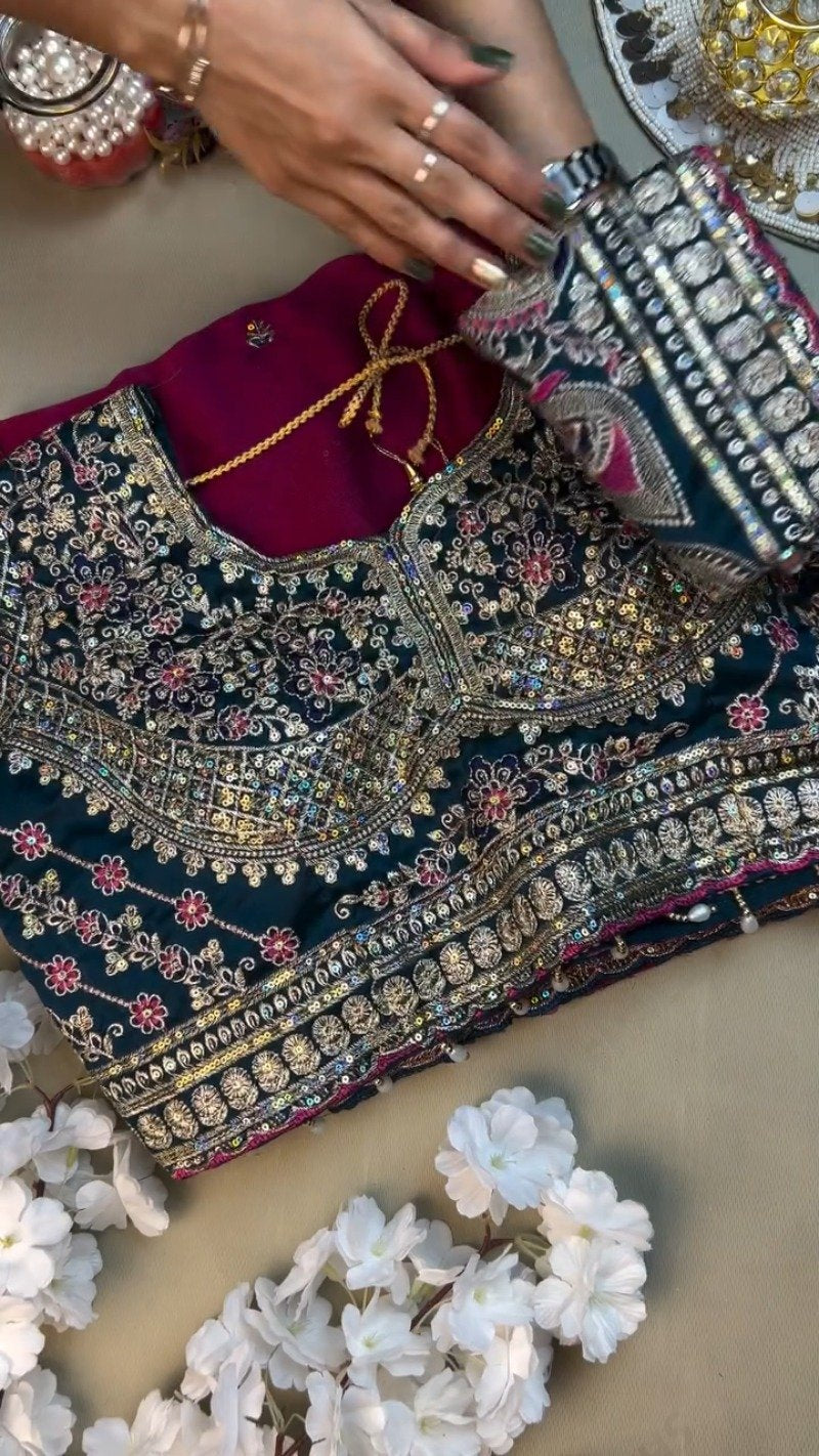 Opulent Velvet & Silk Blend Designer Lehenga Set – Available in Midnight Blue & Royal Wine