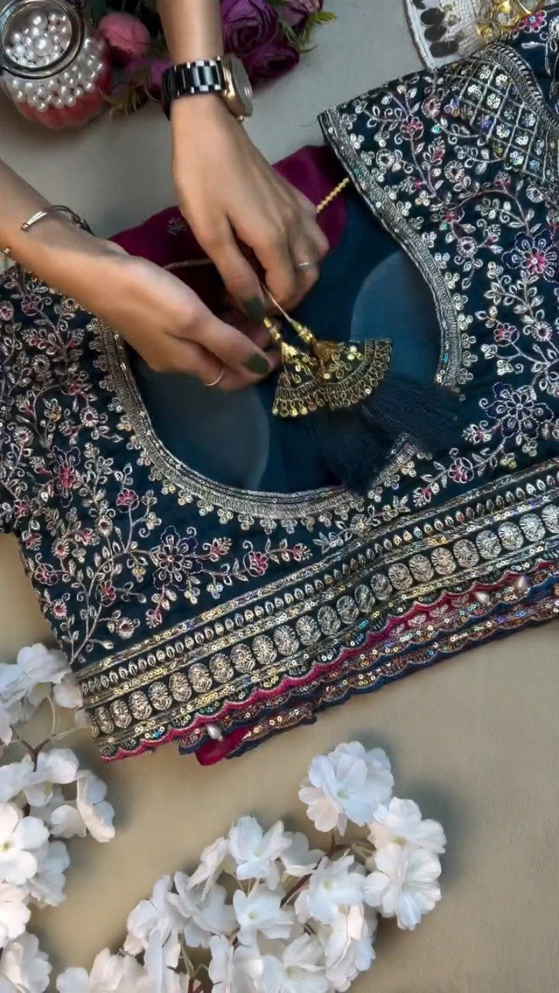 Opulent Velvet & Silk Blend Designer Lehenga Set – Available in Midnight Blue & Royal Wine