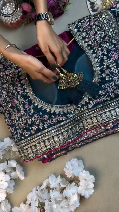 Opulent Velvet & Silk Blend Designer Lehenga Set – Available in Midnight Blue & Royal Wine