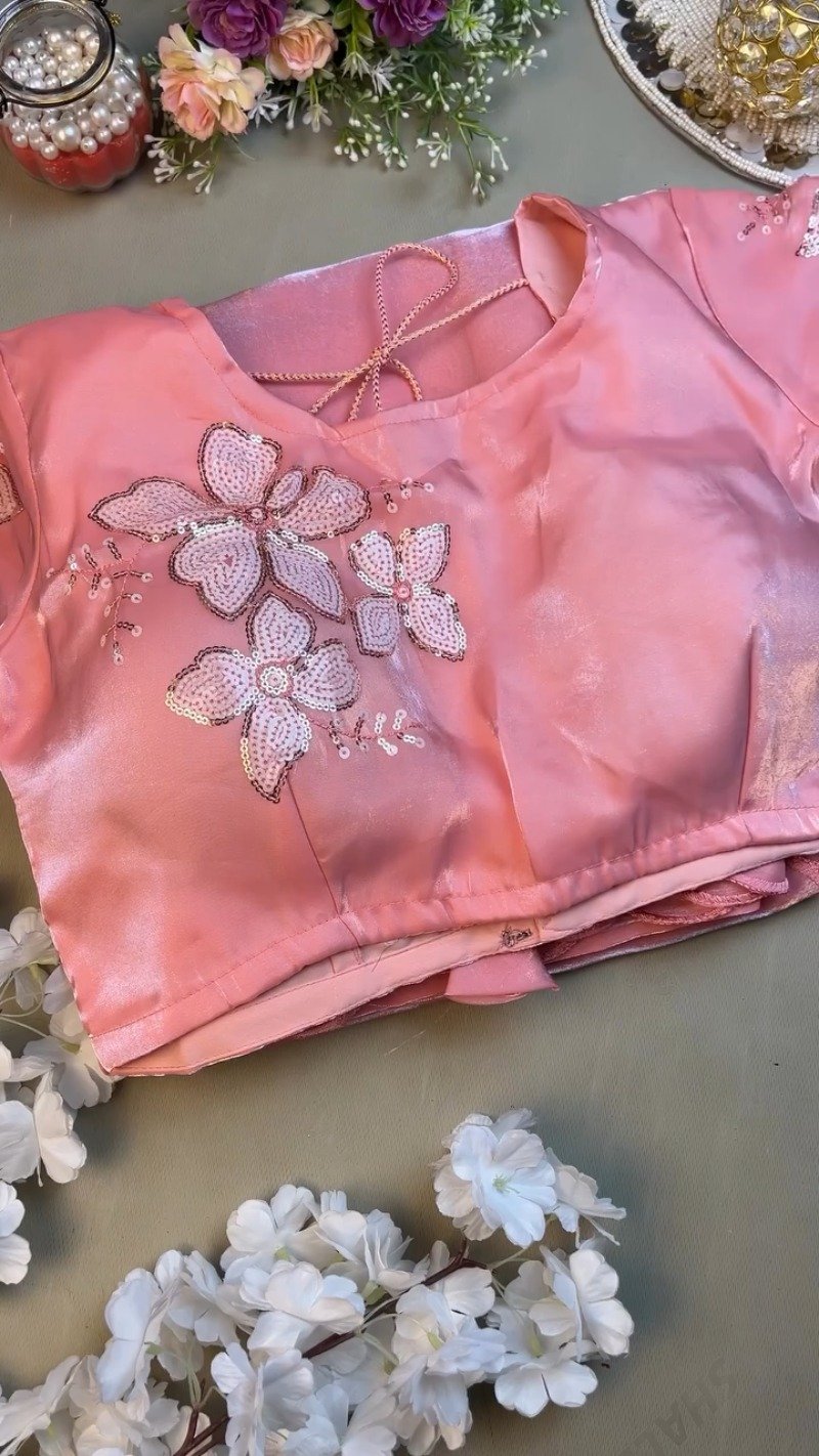 Blush Pink Floral Sequin Embroidered Saree Set – Elegance in Every Drape