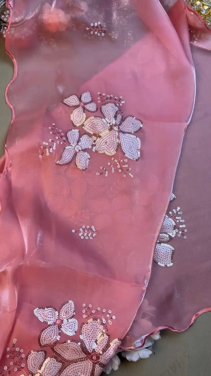 Blush Pink Floral Sequin Embroidered Saree Set – Elegance in Every Drape