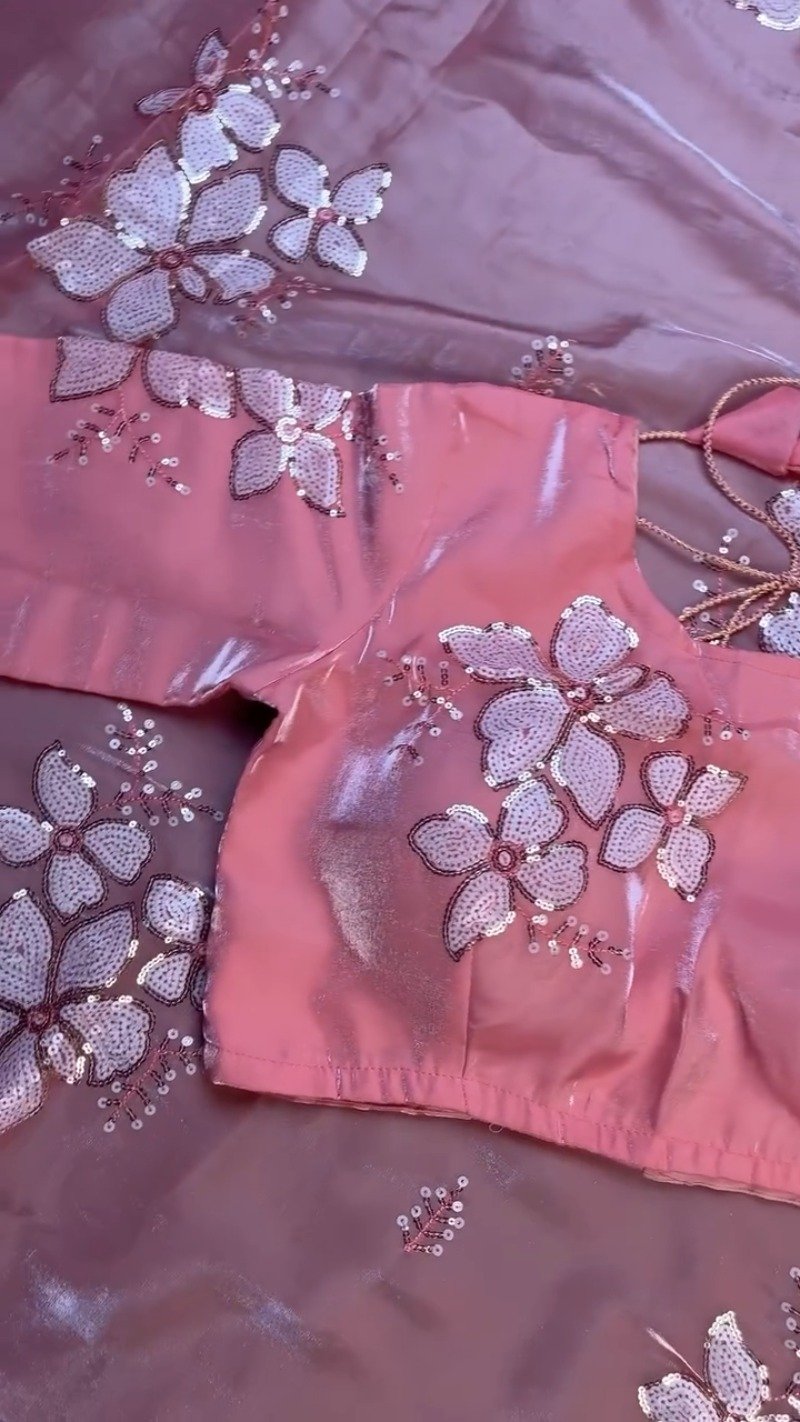 Blush Pink Floral Sequin Embroidered Saree Set – Elegance in Every Drape