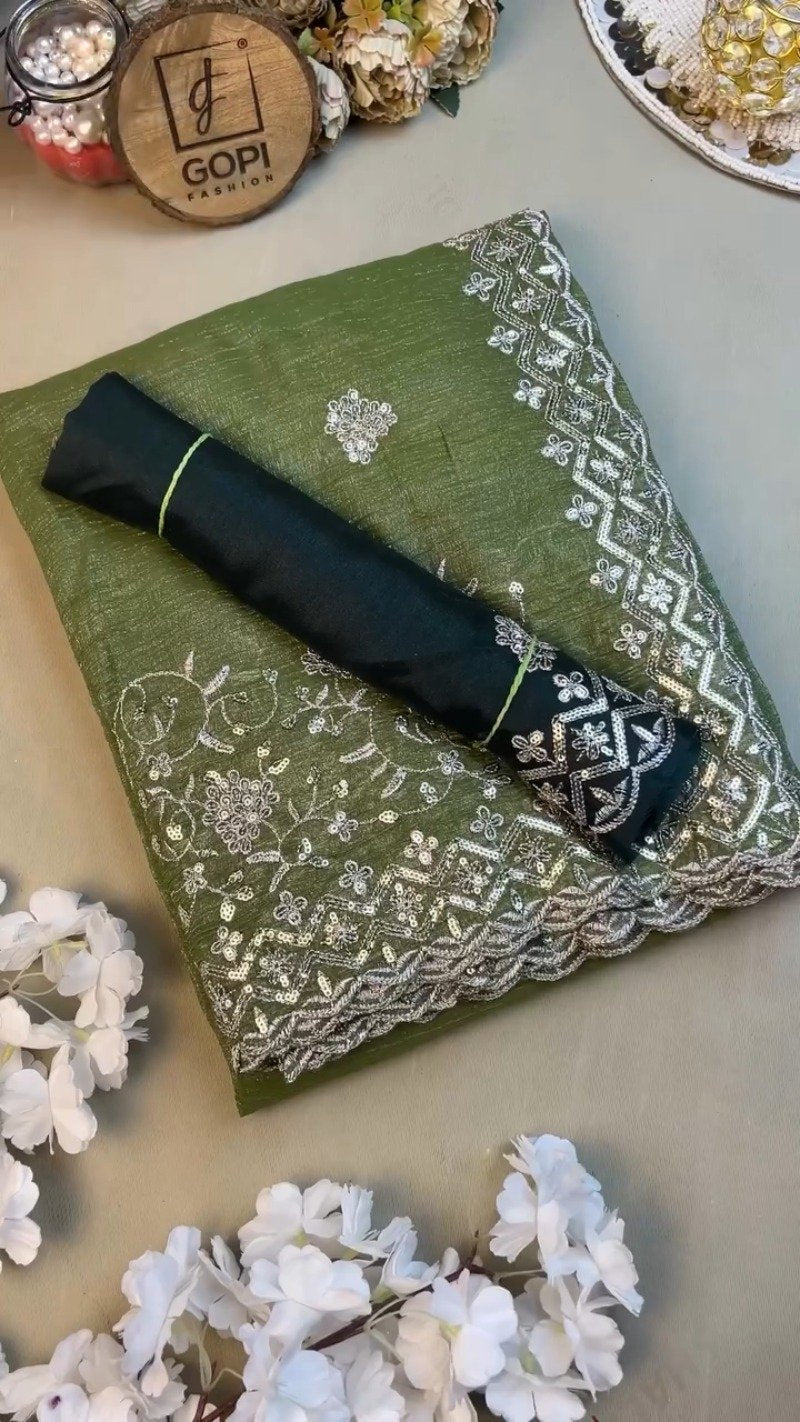 Forest Olive Sequinned Georgette Saree with Scalloped Embroidered Border