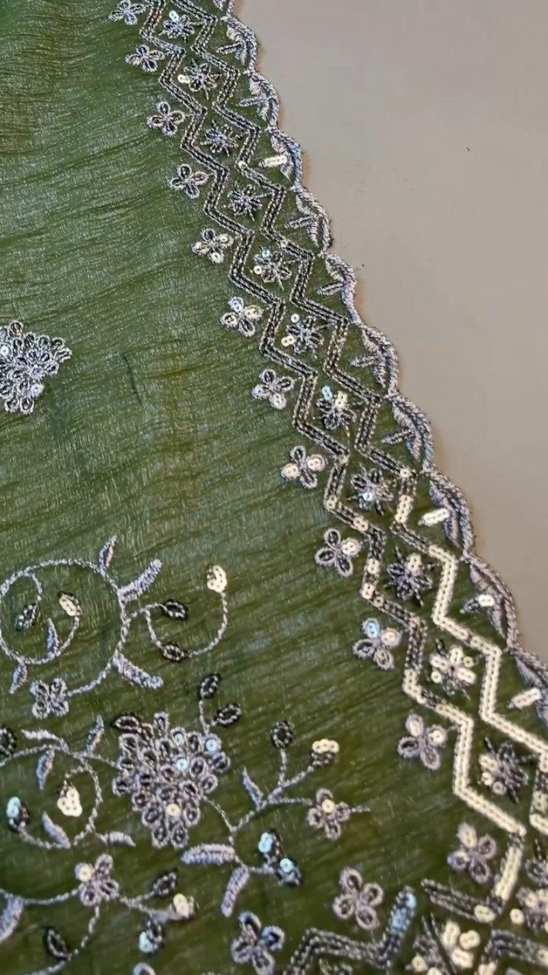 Forest Olive Sequinned Georgette Saree with Scalloped Embroidered Border