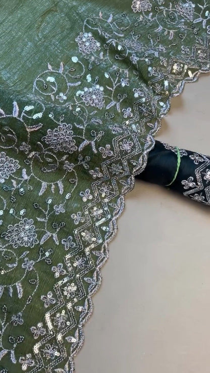 Forest Olive Sequinned Georgette Saree with Scalloped Embroidered Border
