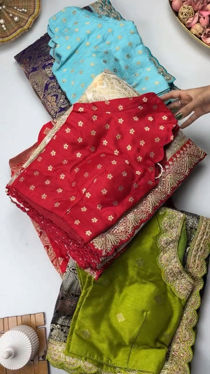 Exquisite Banarasi Scalloped Edge Saree & Blouse Set – Available in Cream, Black, Blue & Red