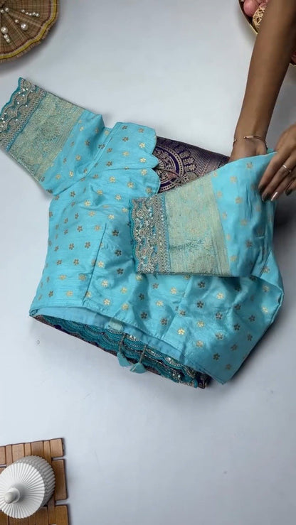 Exquisite Banarasi Scalloped Edge Saree & Blouse Set – Available in Cream, Black, Blue & Red
