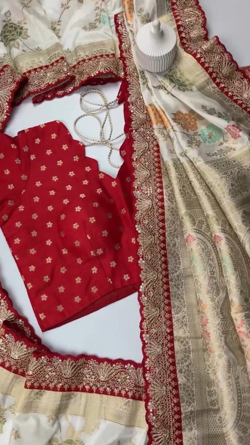 Exquisite Banarasi Scalloped Edge Saree & Blouse Set – Available in Cream, Black, Blue & Red