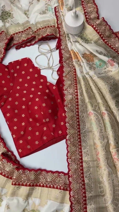 Exquisite Banarasi Scalloped Edge Saree & Blouse Set – Available in Cream, Black, Blue & Red
