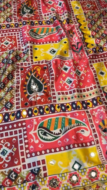 Vibrant Rajasthani Bandhani Inspired Mirror-Work Blouse and Lehenga Set