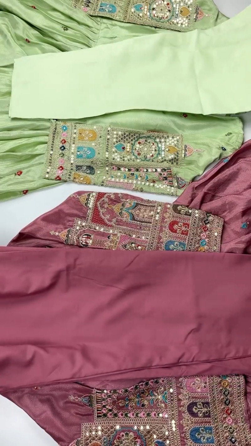 Elegant Mirror-Work Anarkali Kurta Set – Available in Sage Green & Mauve Pink