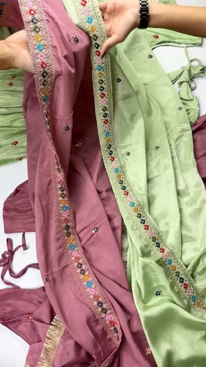 Elegant Mirror-Work Anarkali Kurta Set – Available in Sage Green & Mauve Pink