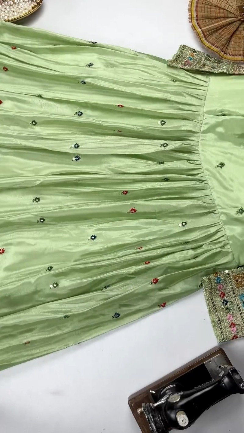 Elegant Mirror-Work Anarkali Kurta Set – Available in Sage Green & Mauve Pink