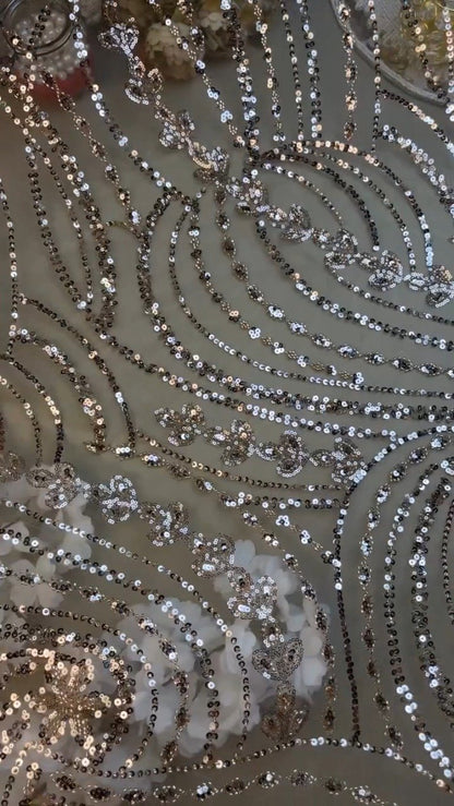 Opulent Champagne Shimmer Sequin-Embellished Net Saree – A Masterpiece of Glitz
