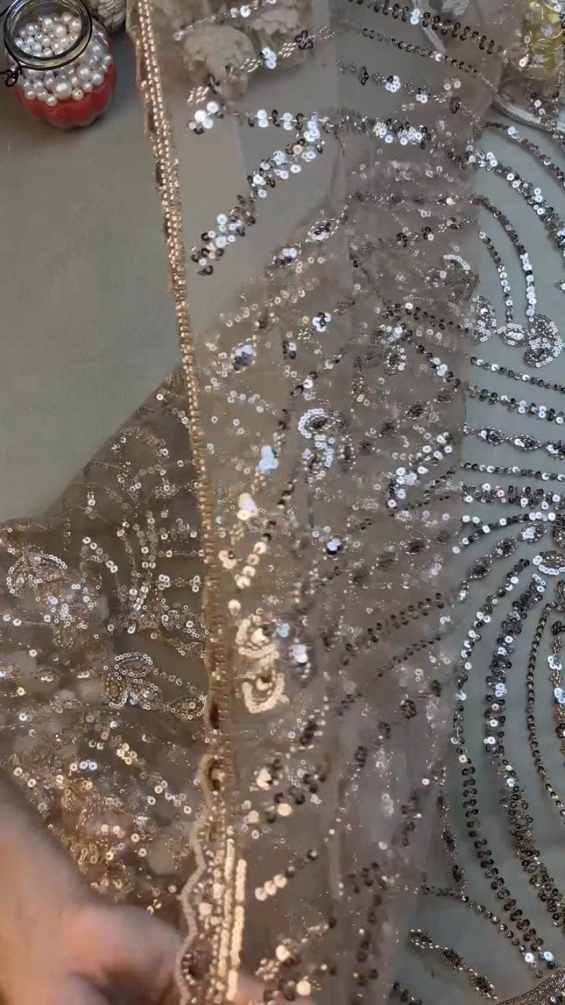 Opulent Champagne Shimmer Sequin-Embellished Net Saree – A Masterpiece of Glitz