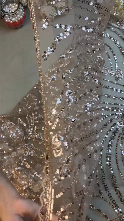 Opulent Champagne Shimmer Sequin-Embellished Net Saree – A Masterpiece of Glitz
