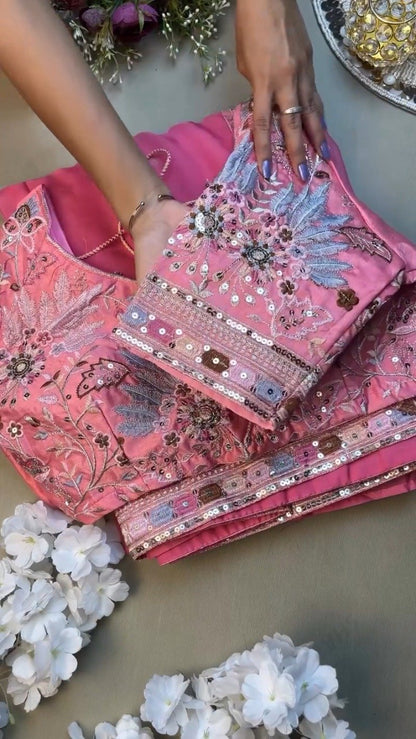 Rosy Radiance Floral Embroidered Saree Set – Available in Vibrant Pink