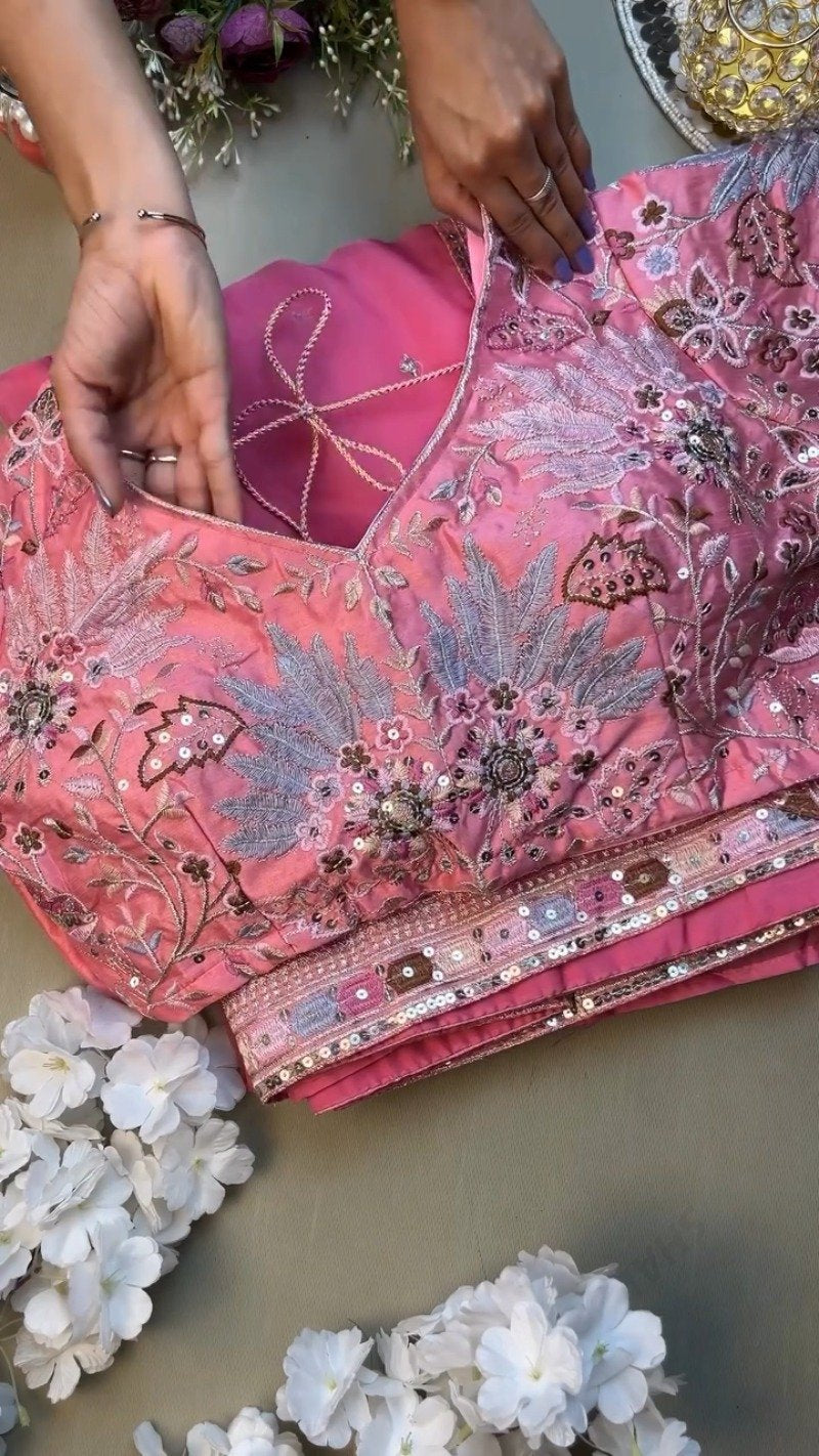 Rosy Radiance Floral Embroidered Saree Set – Available in Vibrant Pink