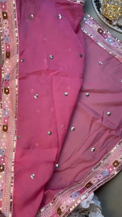 Rosy Radiance Floral Embroidered Saree Set – Available in Vibrant Pink
