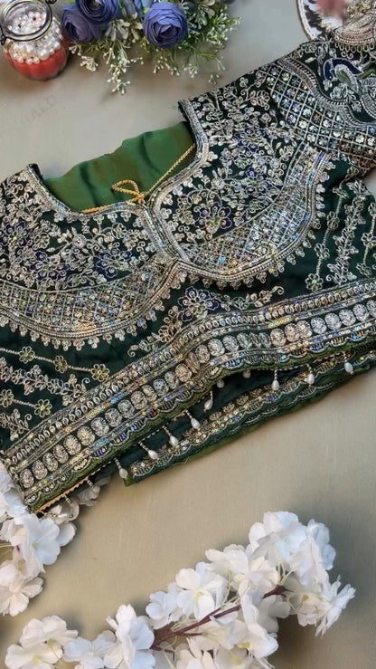 Enchanting Emerald Green Peacock Motif Embroidered Saree Set