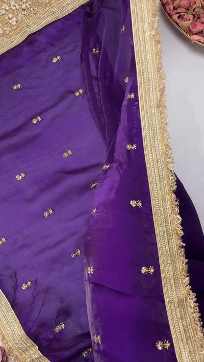 Opulent Lustre Ethnic Drape with Gota-Patti Trims – Available in Royal Blue, Imperial Purple, Sage Green & Rose Pink
