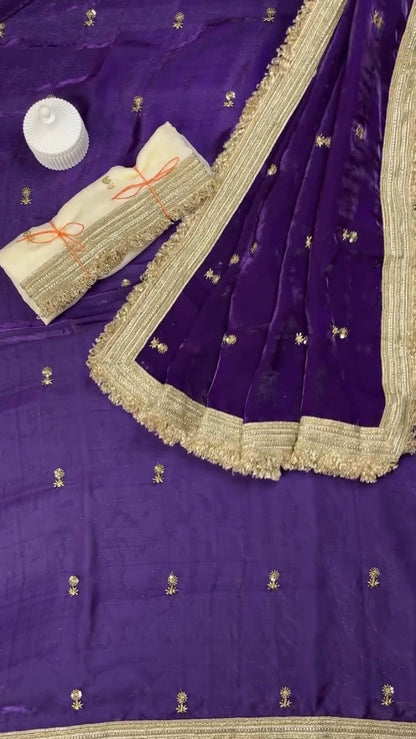 Opulent Lustre Ethnic Drape with Gota-Patti Trims – Available in Royal Blue, Imperial Purple, Sage Green & Rose Pink