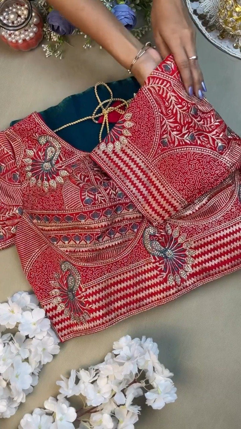 Regal Peacock Embroidered Saree Ensemble – Available in Ruby Red & Deep Teal
