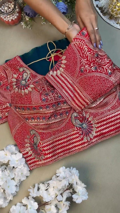Regal Peacock Embroidered Saree Ensemble – Available in Ruby Red & Deep Teal