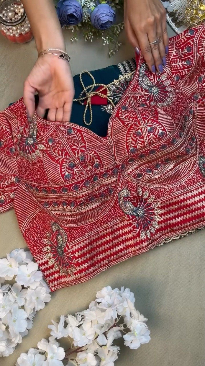 Regal Peacock Embroidered Saree Ensemble – Available in Ruby Red & Deep Teal