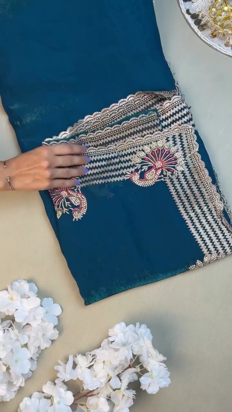 Regal Peacock Embroidered Saree Ensemble – Available in Ruby Red & Deep Teal