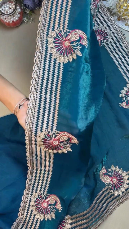 Regal Peacock Embroidered Saree Ensemble – Available in Ruby Red & Deep Teal