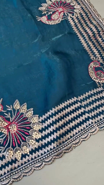 Regal Peacock Embroidered Saree Ensemble – Available in Ruby Red & Deep Teal