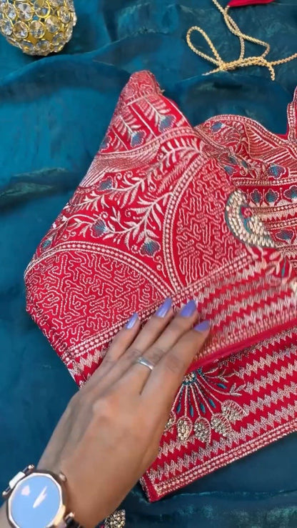 Regal Peacock Embroidered Saree Ensemble – Available in Ruby Red & Deep Teal