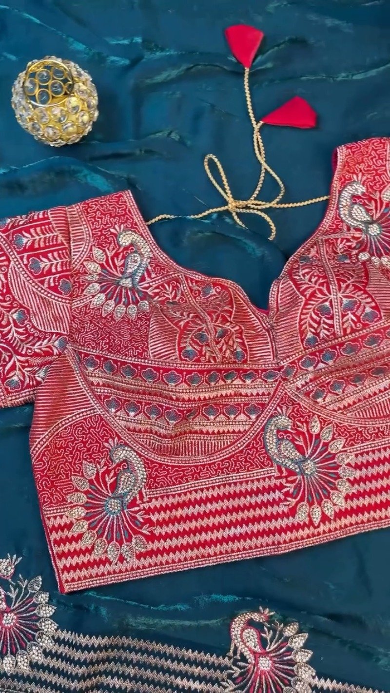 Regal Peacock Embroidered Saree Ensemble – Available in Ruby Red & Deep Teal