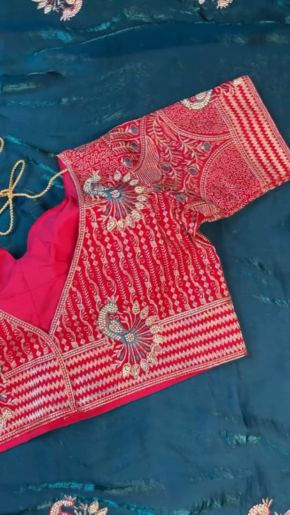Regal Peacock Embroidered Saree Ensemble – Available in Ruby Red & Deep Teal