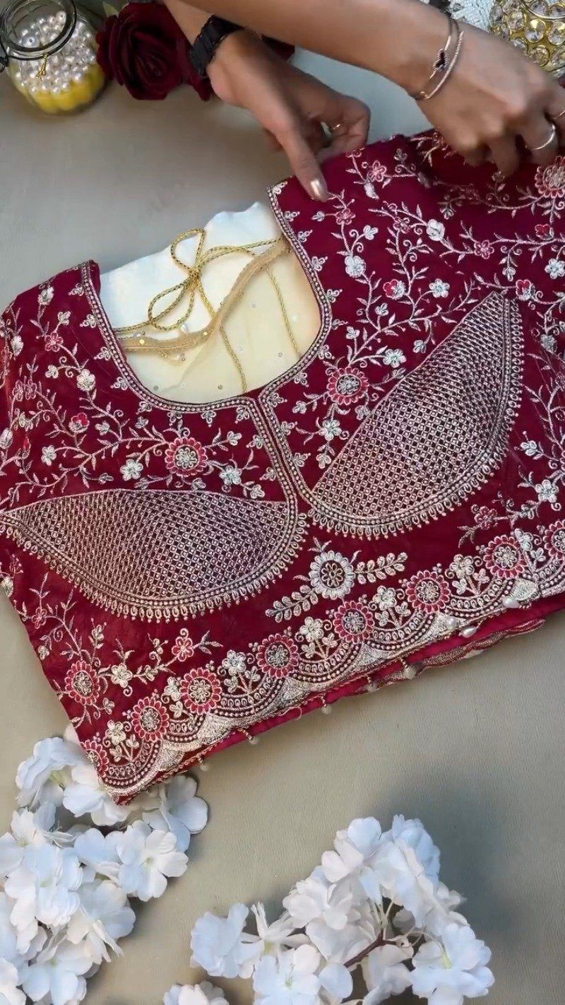 Royal Velvet & Organza Co-ordinated Set with Intricate Zari Embroidery – Available in Crimson Red & Pristine White