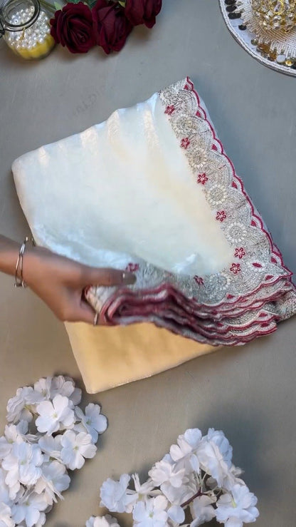 Royal Velvet & Organza Co-ordinated Set with Intricate Zari Embroidery – Available in Crimson Red & Pristine White