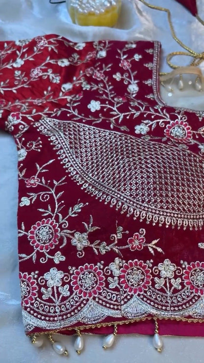 Royal Velvet & Organza Co-ordinated Set with Intricate Zari Embroidery – Available in Crimson Red & Pristine White