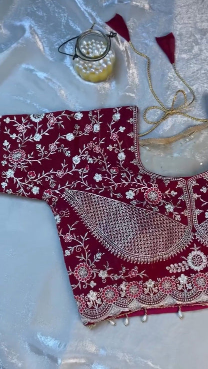 Royal Velvet & Organza Co-ordinated Set with Intricate Zari Embroidery – Available in Crimson Red & Pristine White