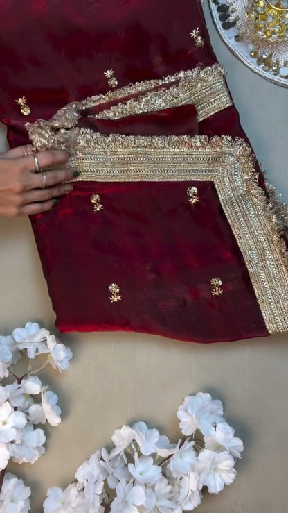 Opulent Velvet & Silk Dupatta Set – Available in Deep Burgundy & Elegant Beige