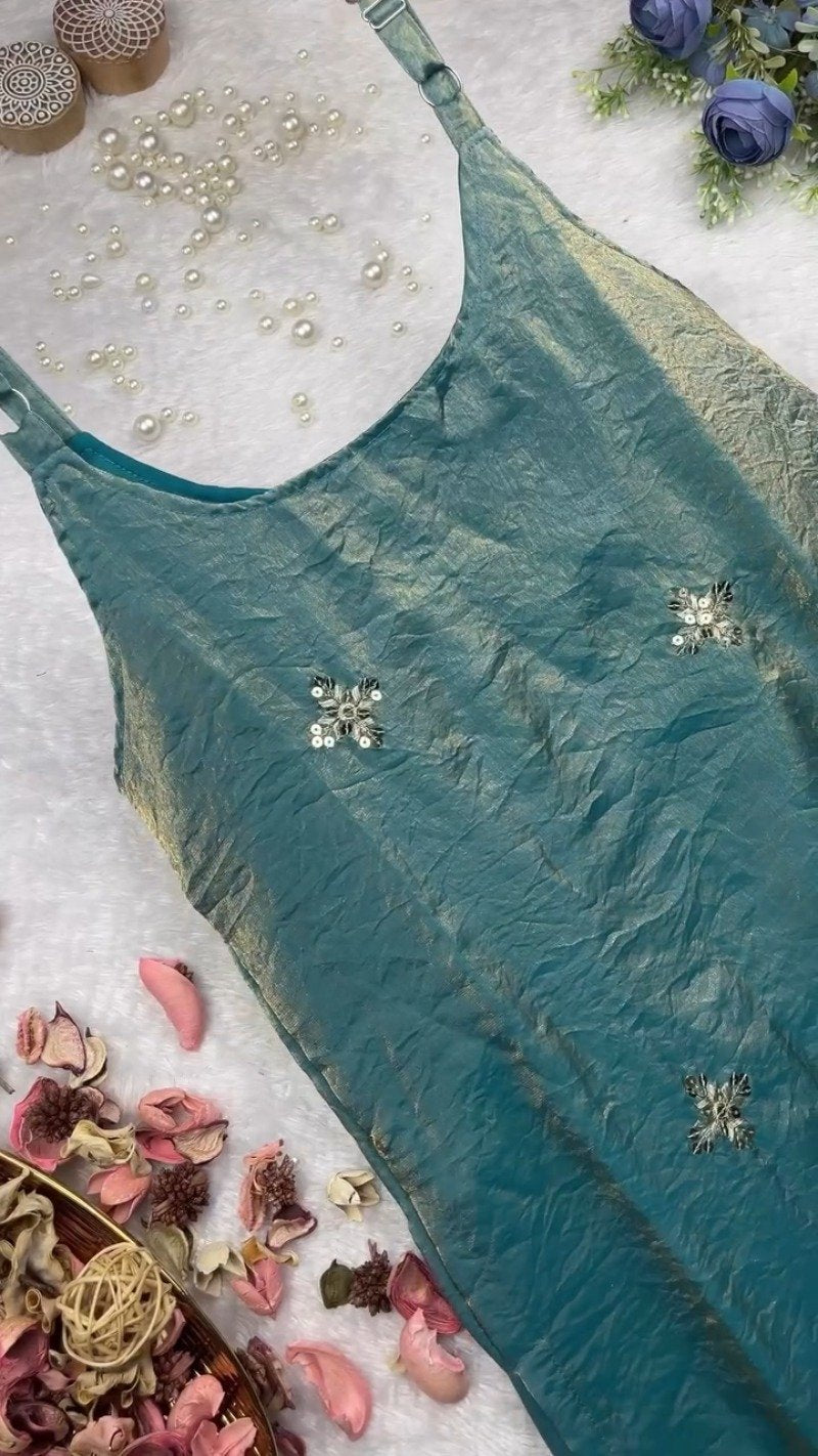 Teal Blue Shimmer Mirror-Work Kurta Set with Designer Hemline