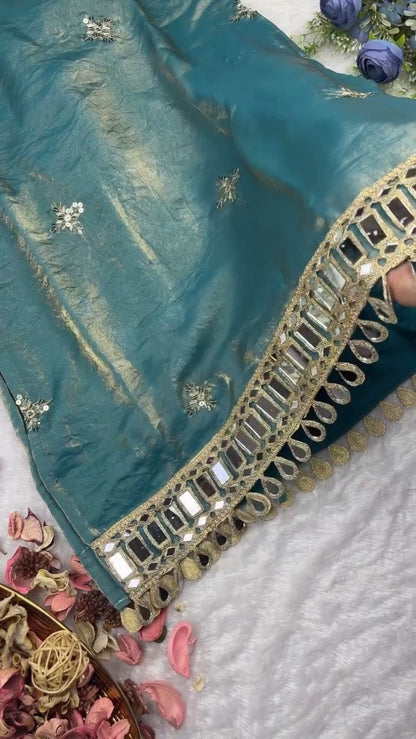 Teal Blue Shimmer Mirror-Work Kurta Set with Designer Hemline
