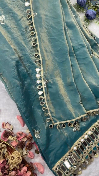 Teal Blue Shimmer Mirror-Work Kurta Set with Designer Hemline