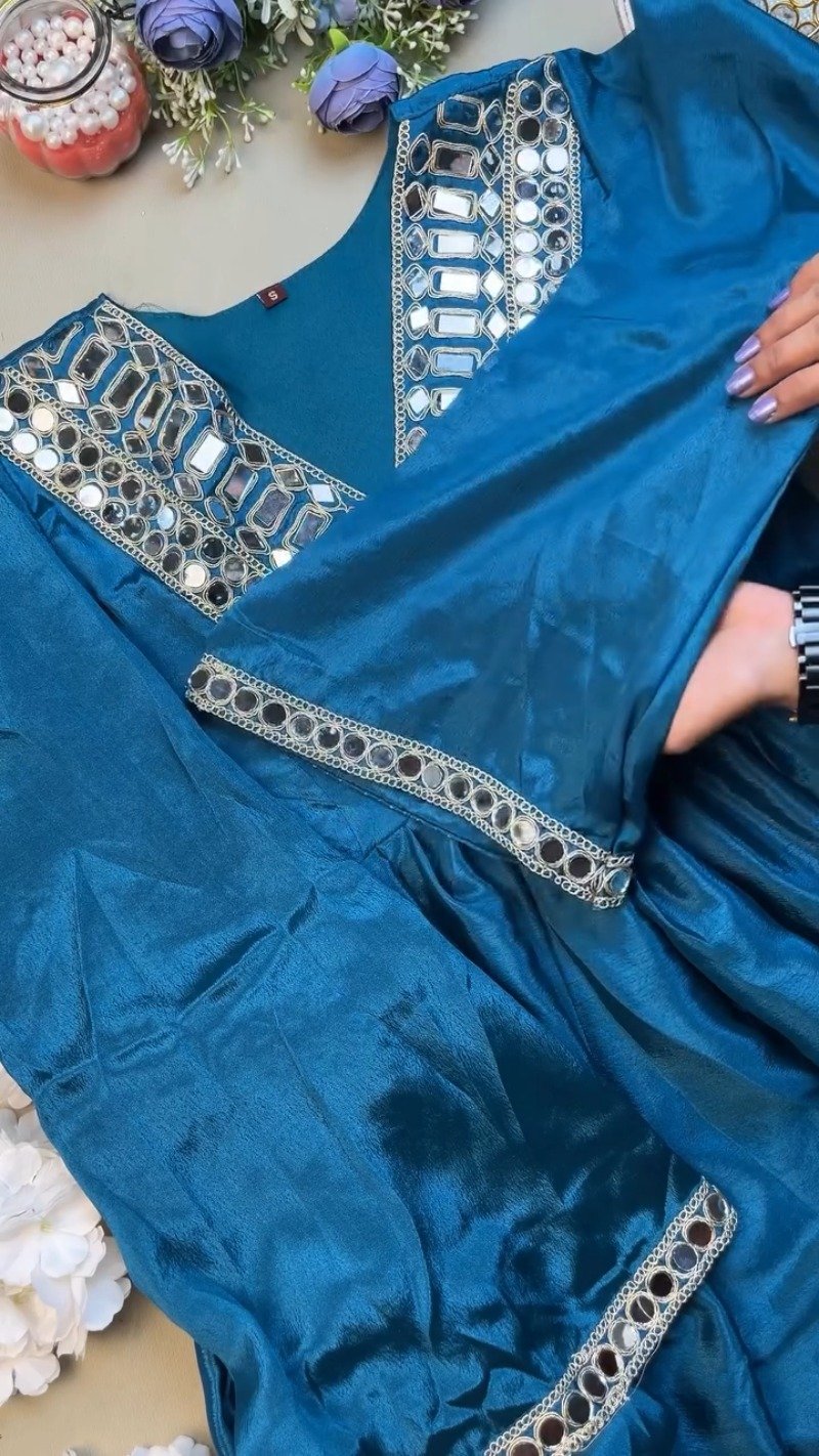 Royal Teal Mirror-Embellished Velvet-Feel Kurta Set