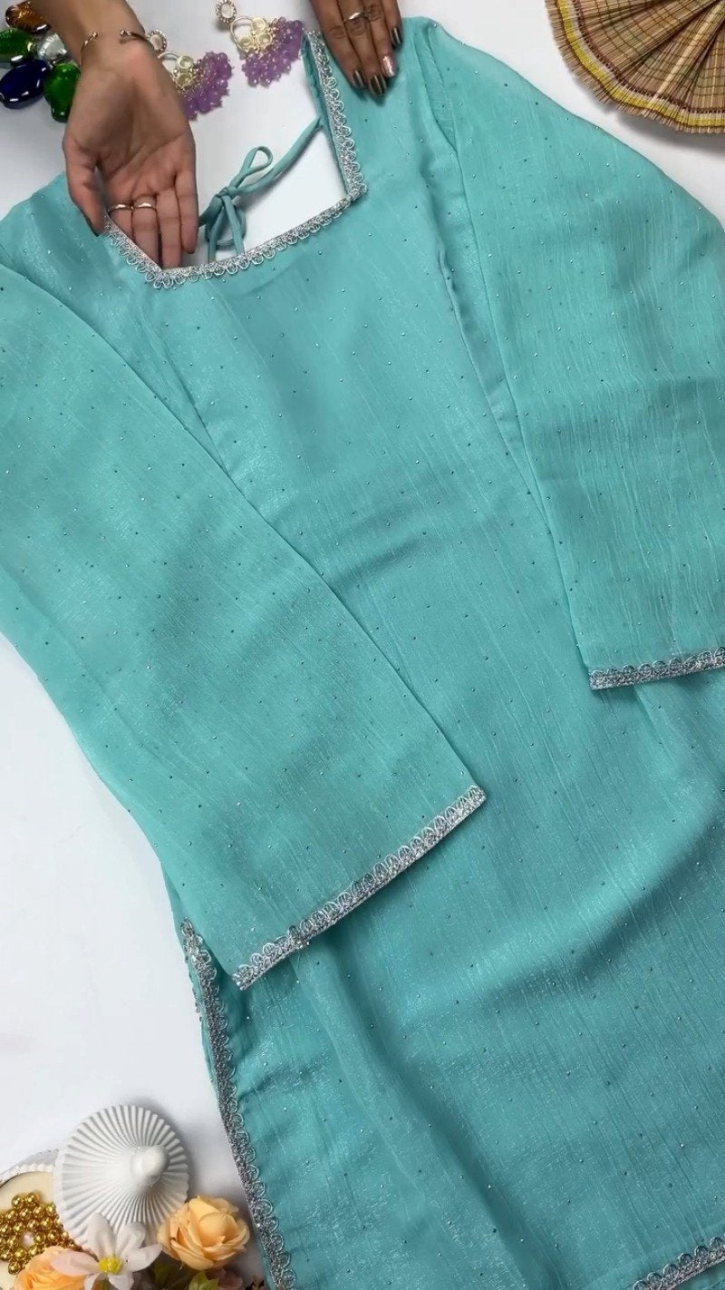 Minimalist Embellished Kurta Set – Available in Serene Aqua & Pastel Lilac