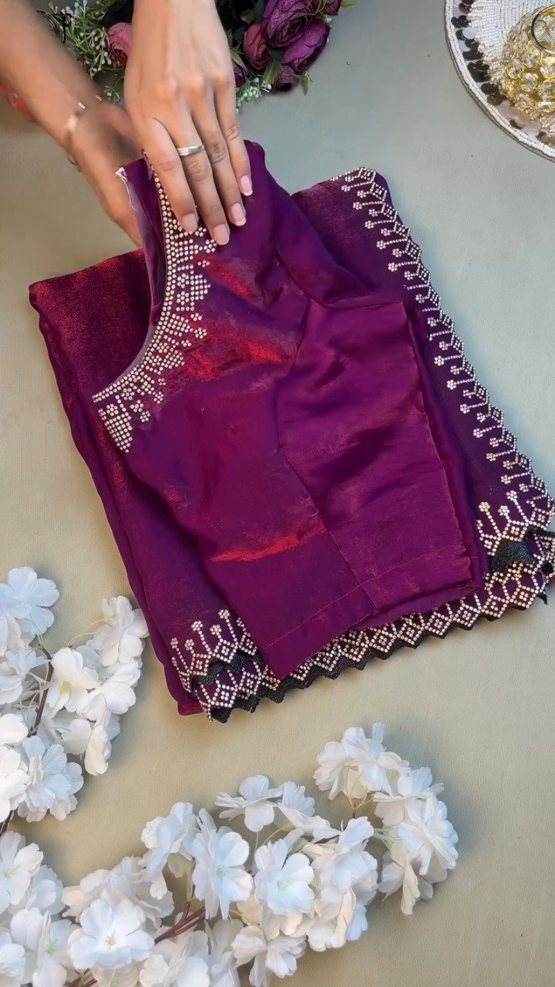 Enchanting Plum Shimmer Stone-Embellished Saree Set
