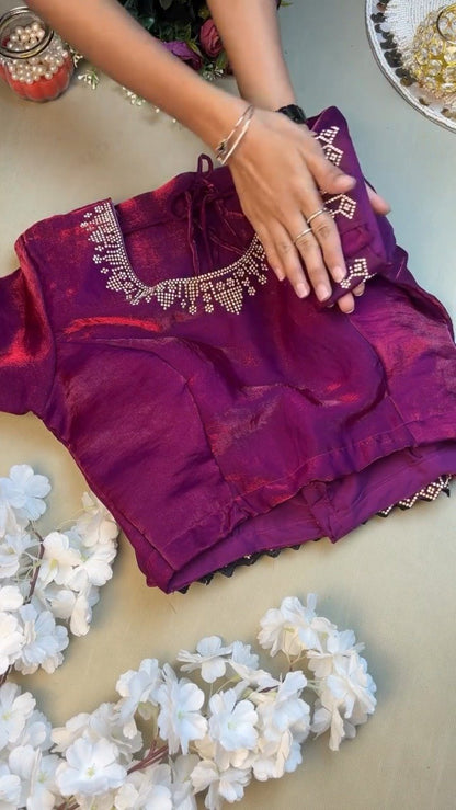 Enchanting Plum Shimmer Stone-Embellished Saree Set